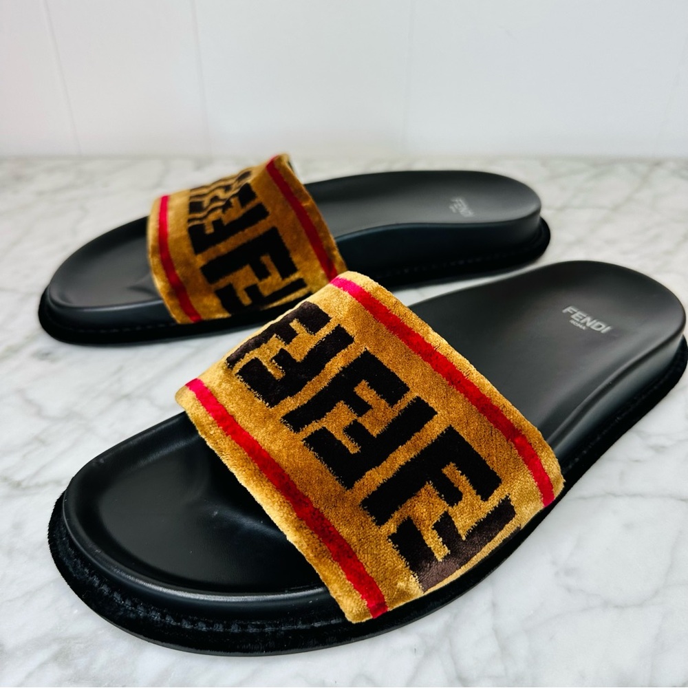 Fendi Black Slides with Gold and Red Logo Strap